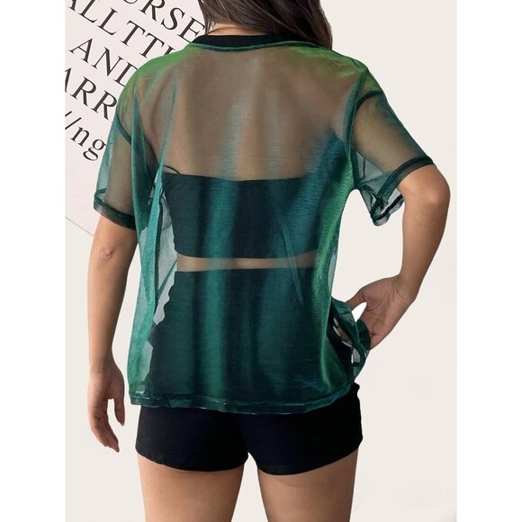 Women's Metallic Mesh Sheer Short Sleeve Rave T-Shirt Small Green Stylish - Picture 2 of 6